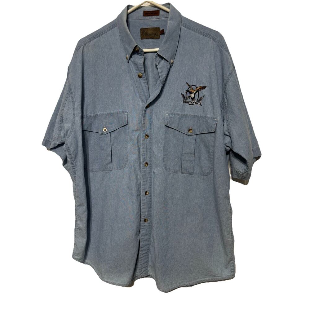 Vintage Browning Denim Button Up Shirt Mens XL Duck Logo Light Blue Hunting